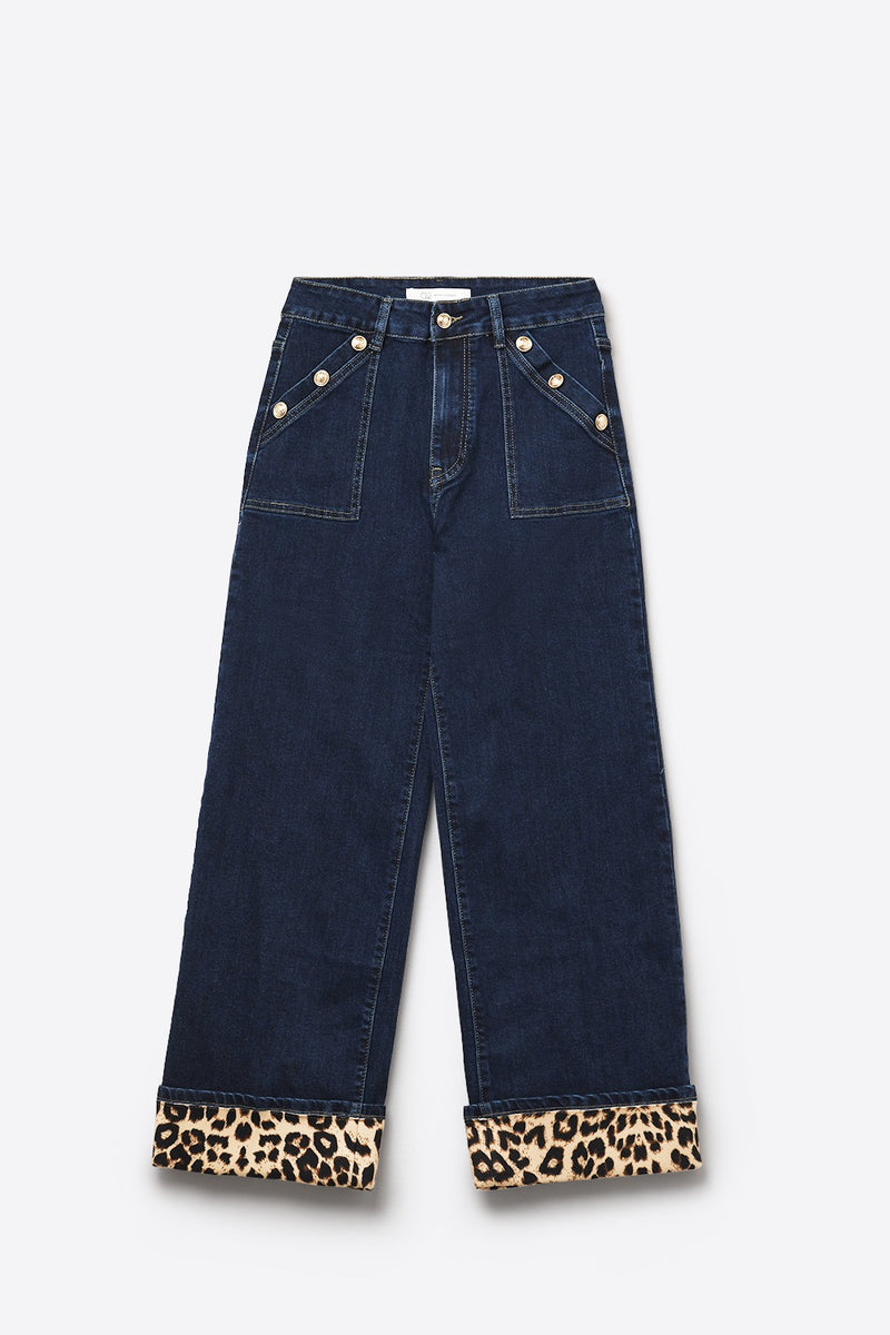 Blue Straight Pants with Leopard Cuff Detail
