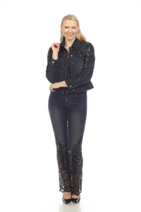 Black Lace-Detail Embellished Denim Pants