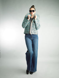 Textured Tweed Jacket with Blue Fox Fur Collar