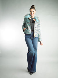 Textured Tweed Jacket with Blue Fox Fur Collar