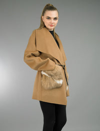 Beige Cashmere Belted Coat with Fox Fur Pockets