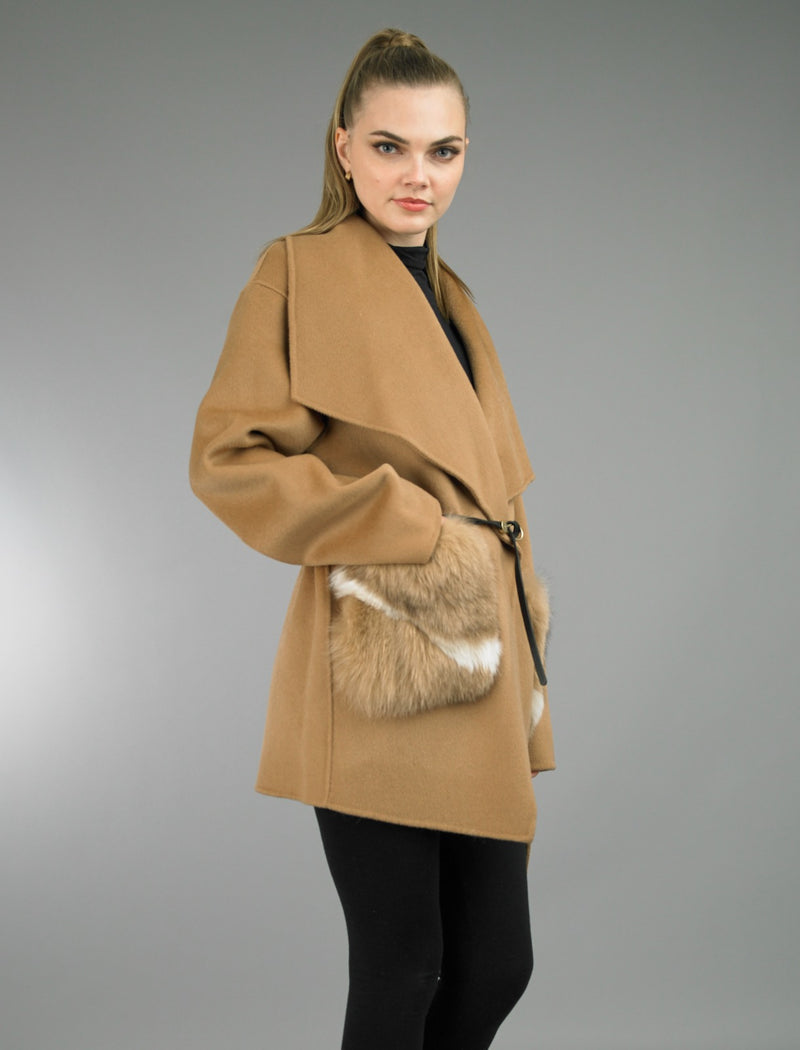 Beige Cashmere Belted Coat with Faux Fur Pockets