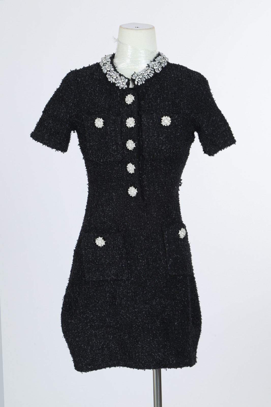 Black Boucle Mini Dress with Crystal Embellished Collar and Buttons