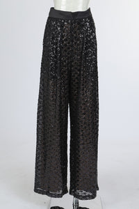 Black Sequin Lace Wide-Leg Pants with Satin Waistband