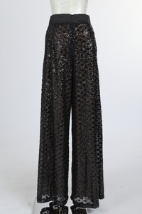 Black Sequin Lace Wide-Leg Pants with Satin Waistband