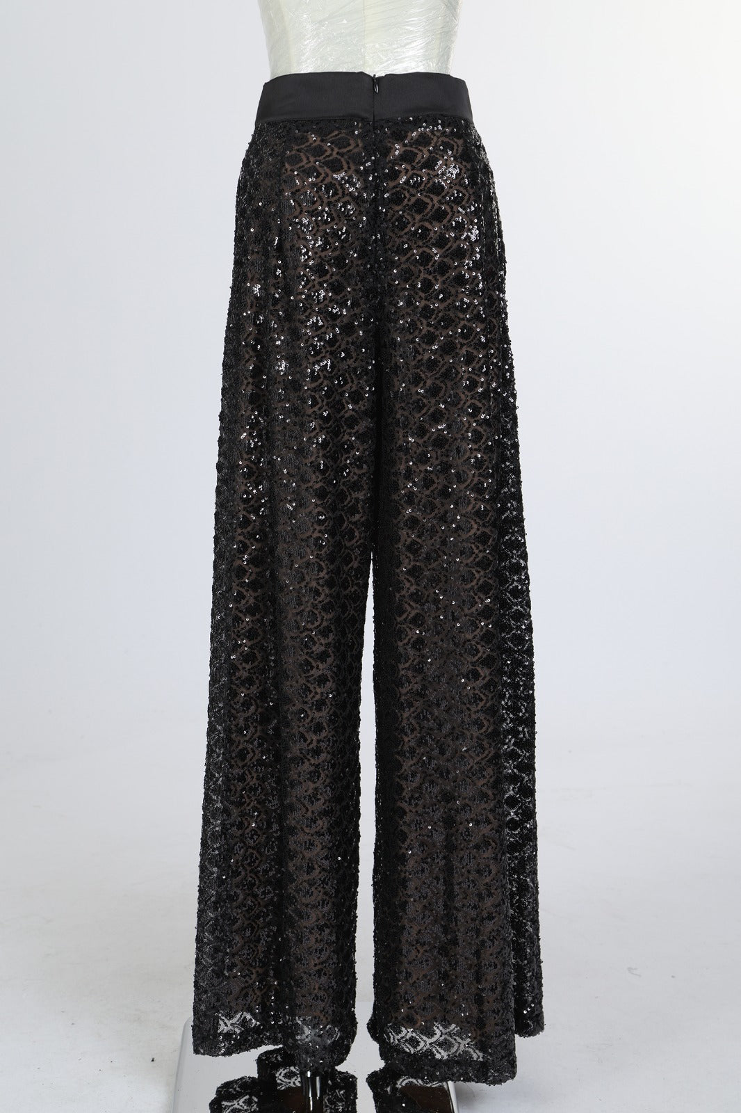 Black Sequin Lace Wide-Leg Pants with Satin Waistband