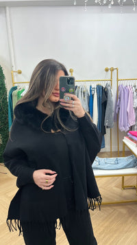 Black Fringe Hem Cape with Vegan Fur Collar