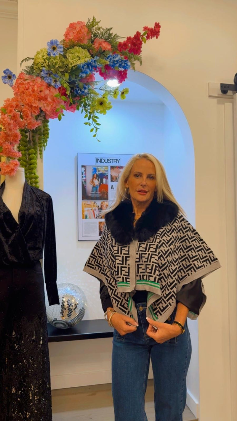 Gray Cape in Cashmere Wool Blend with Black Faux Fur Collar