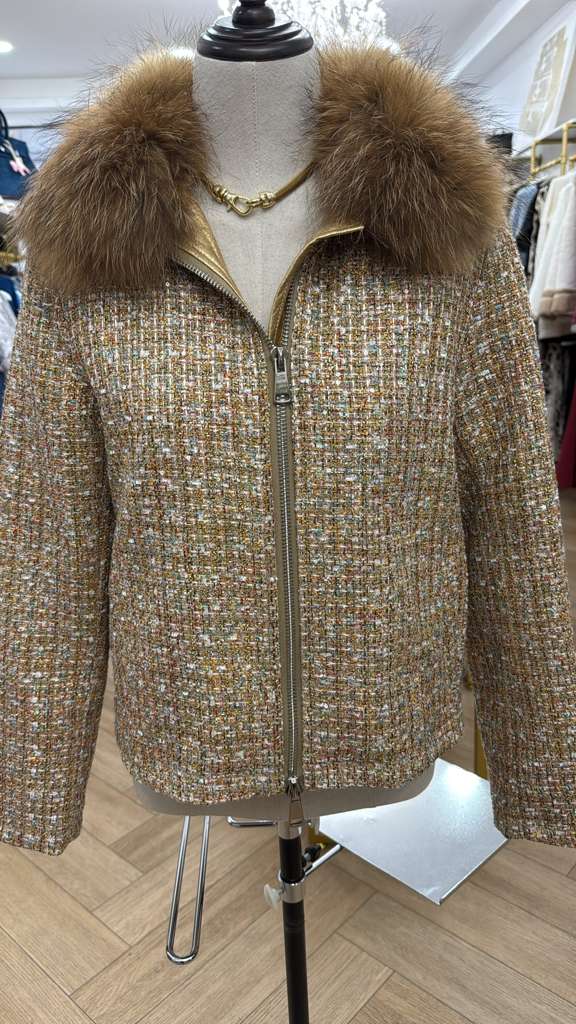 Textured Tweed Jacket with Brown Fox Fur Collar
