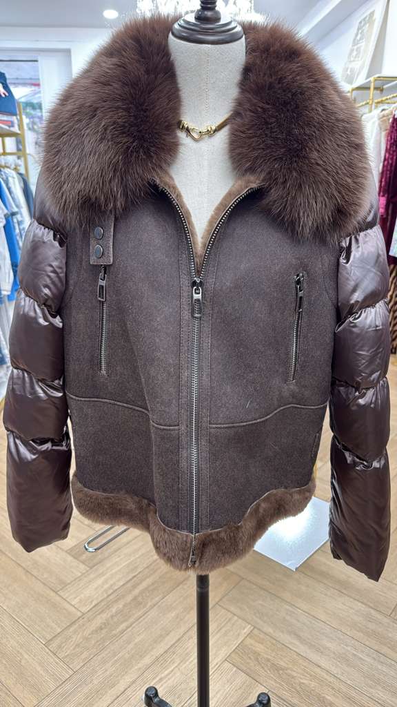 Brown Fox Fur Collar and Leather Combo Jacket