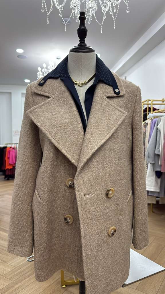 Nude Double-Breasted Wool Blend Peacoat with Oversized Lapel