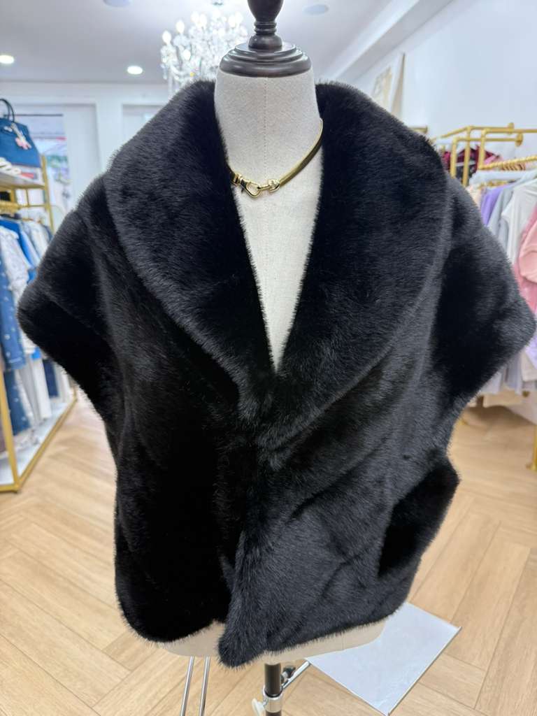 Luxury Black Vegan Fur Capelet with Draped Collar