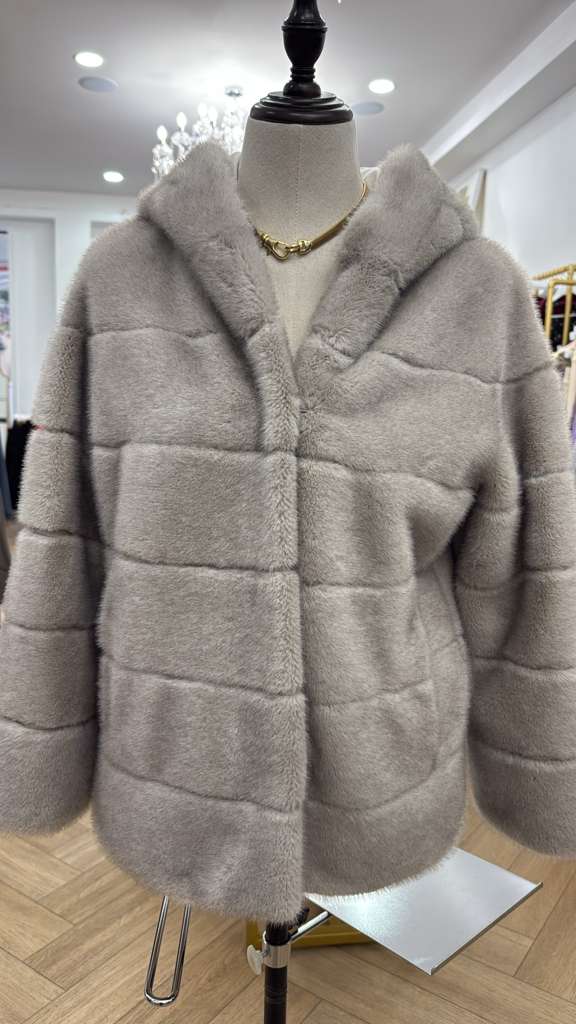 Vegan Mink Grey Hooded fur jacket with pockets