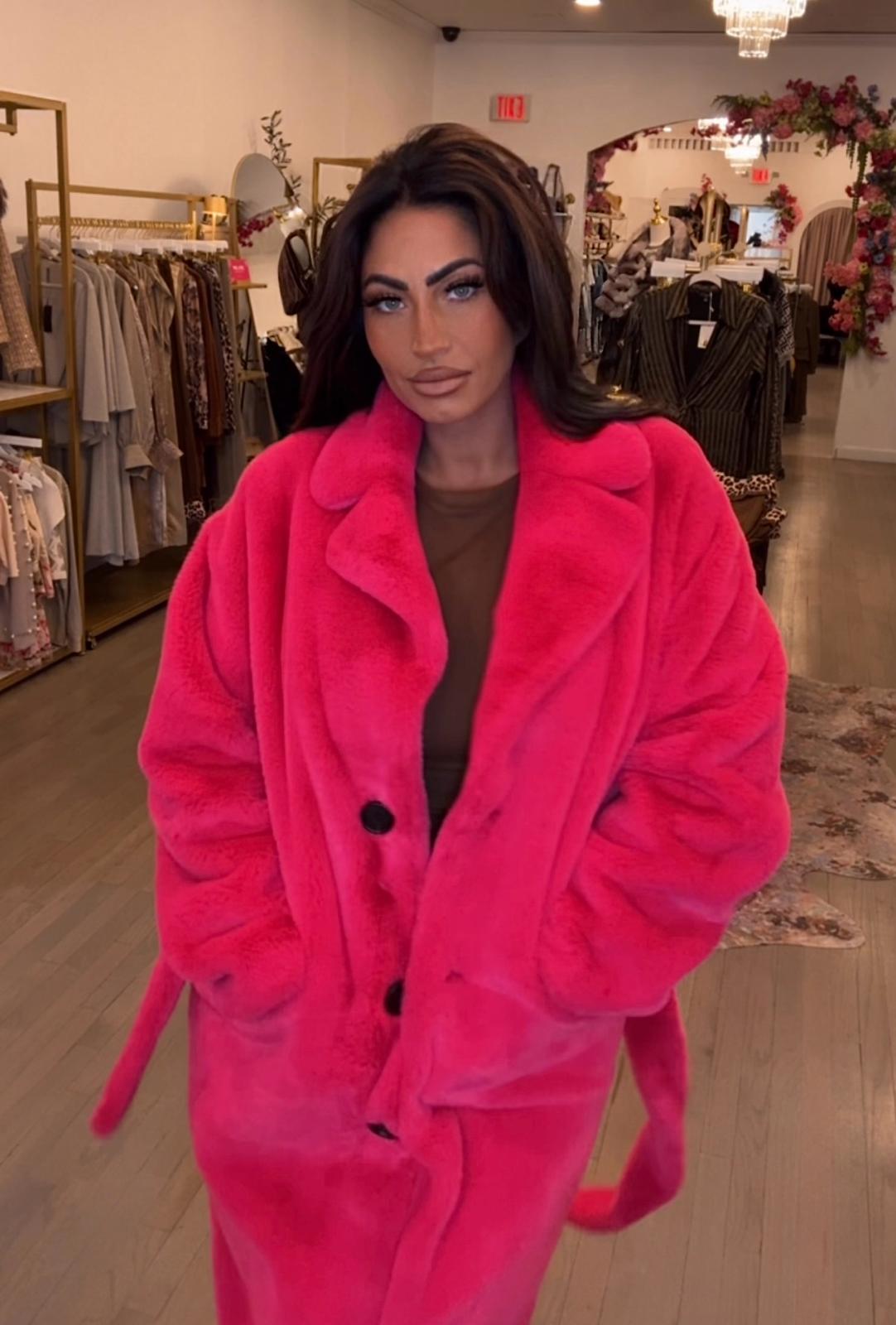 Hot Pink Vegan Fur Belted Coat with Oversized Collar