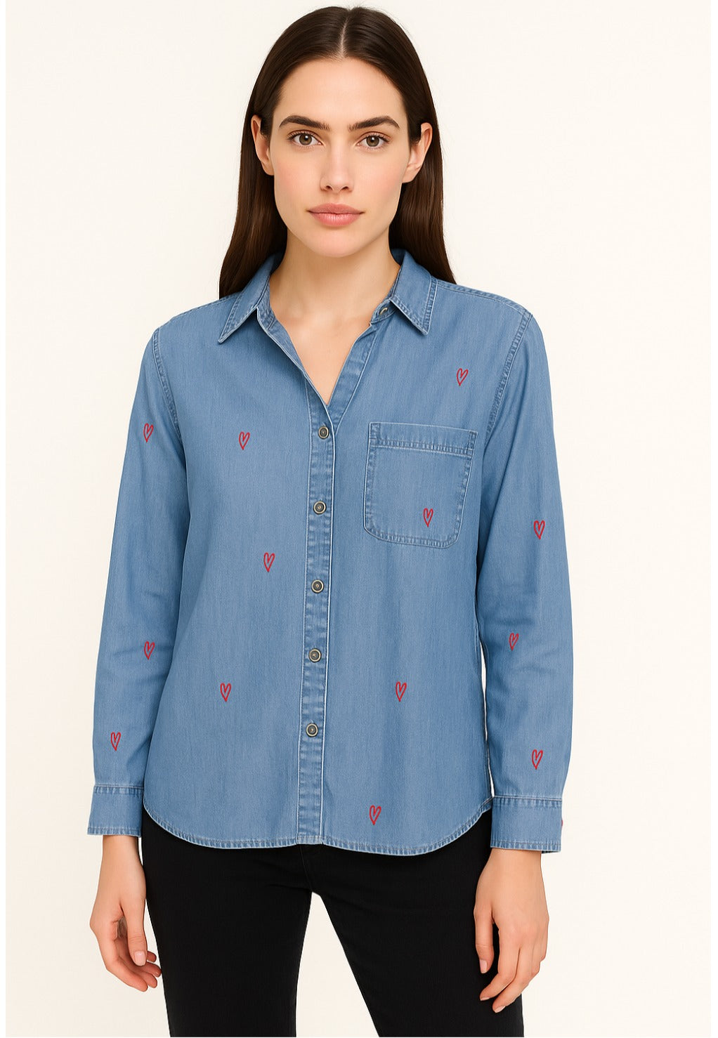 Embroidered Chambray Button-Up Shirt with Red Heart Details