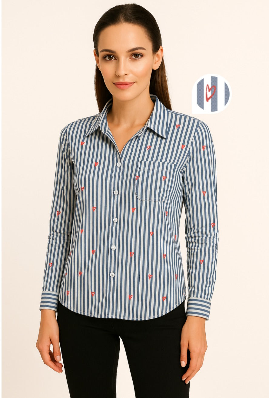 Striped Button-Up Shirt with Red Heart Embroidery