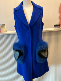 Blue Cashmere Vest with Fox Fur Heart Pockets