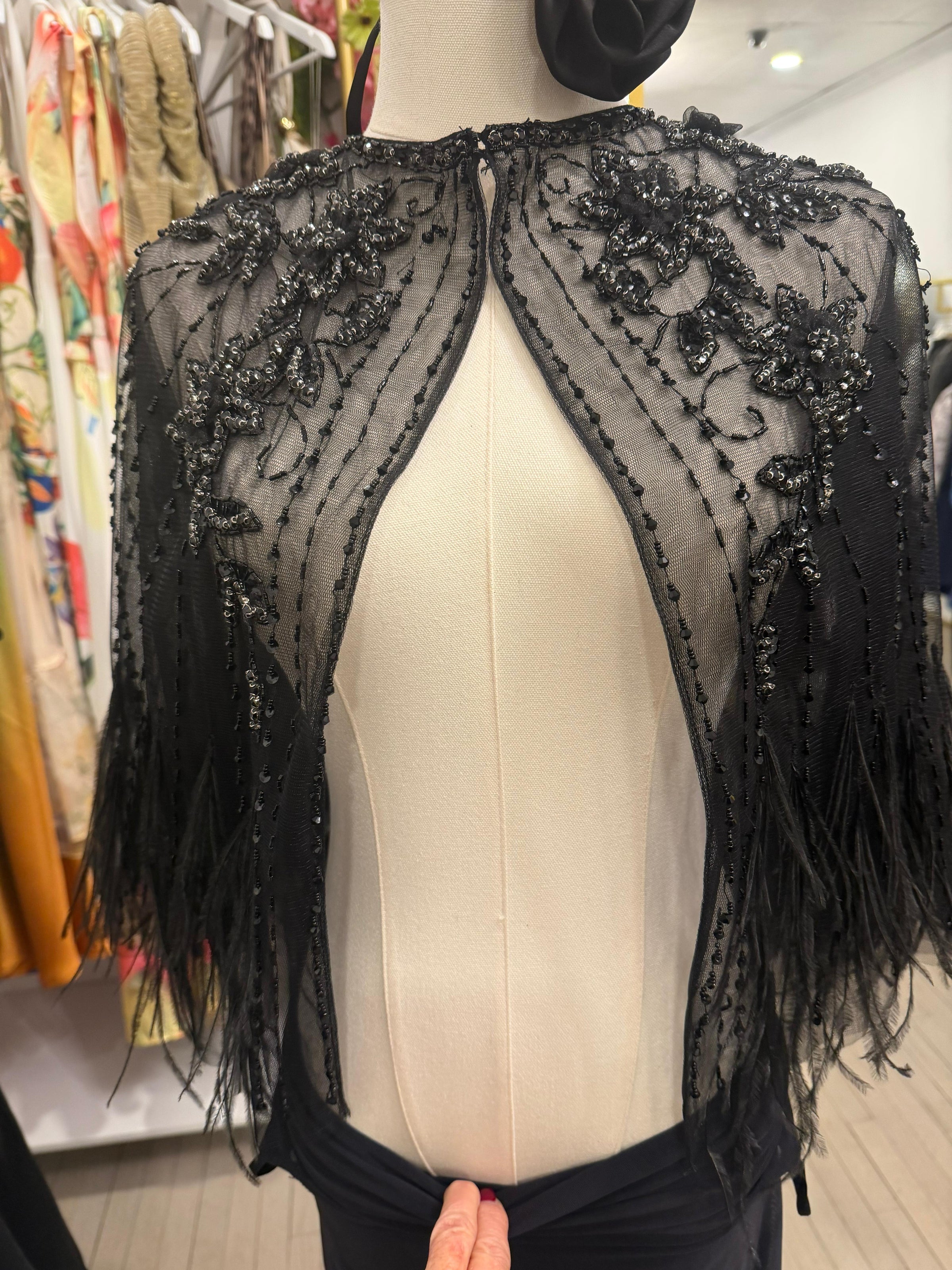 Black Embellished Beading Real Ostrich feather Capelet