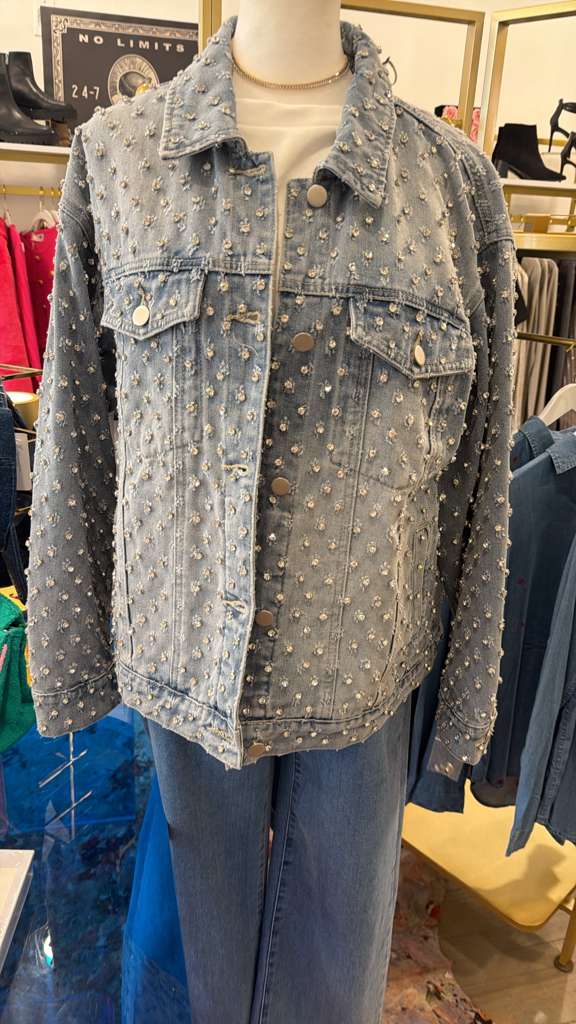 Light Wash Denim Jacket with Allover Pearl Embellishments