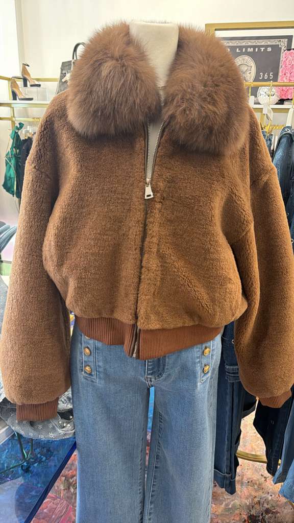 Cropped Vegan Fur Bomber Jacket in Chestnut with Oversized Collar
