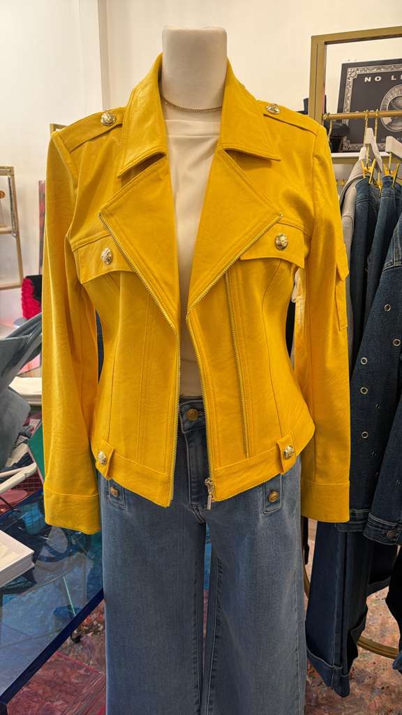 Fitted Yellow Moto Jacket with Gold Button Detailing