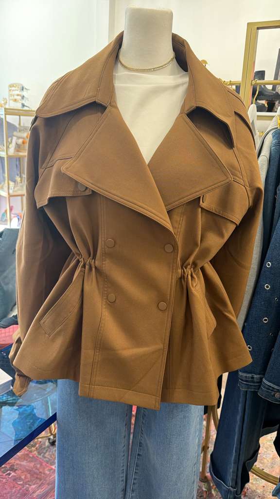 Brown Double-Breasted Jacket with Cinched Waist