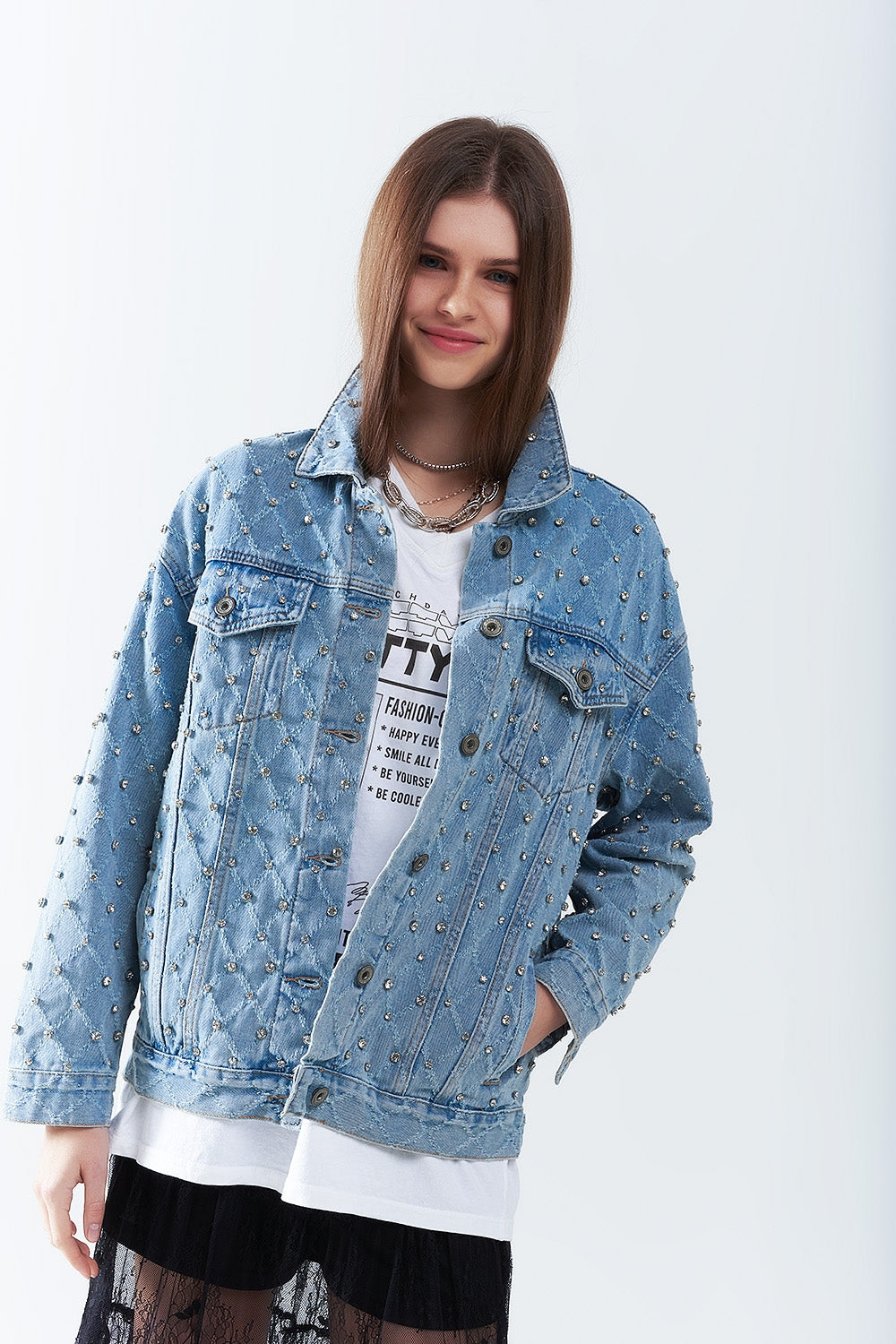 Rhinestone Diamond Pattern Denim Jacket
