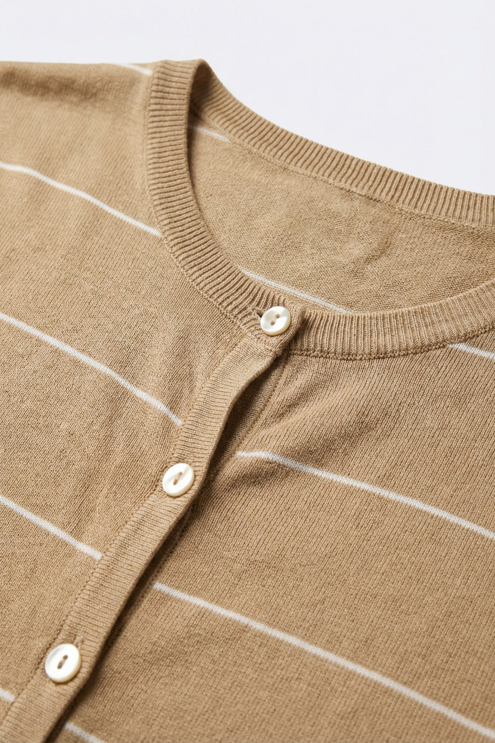 Camel Striped Short Sleeve Button Front Knit Cardigan