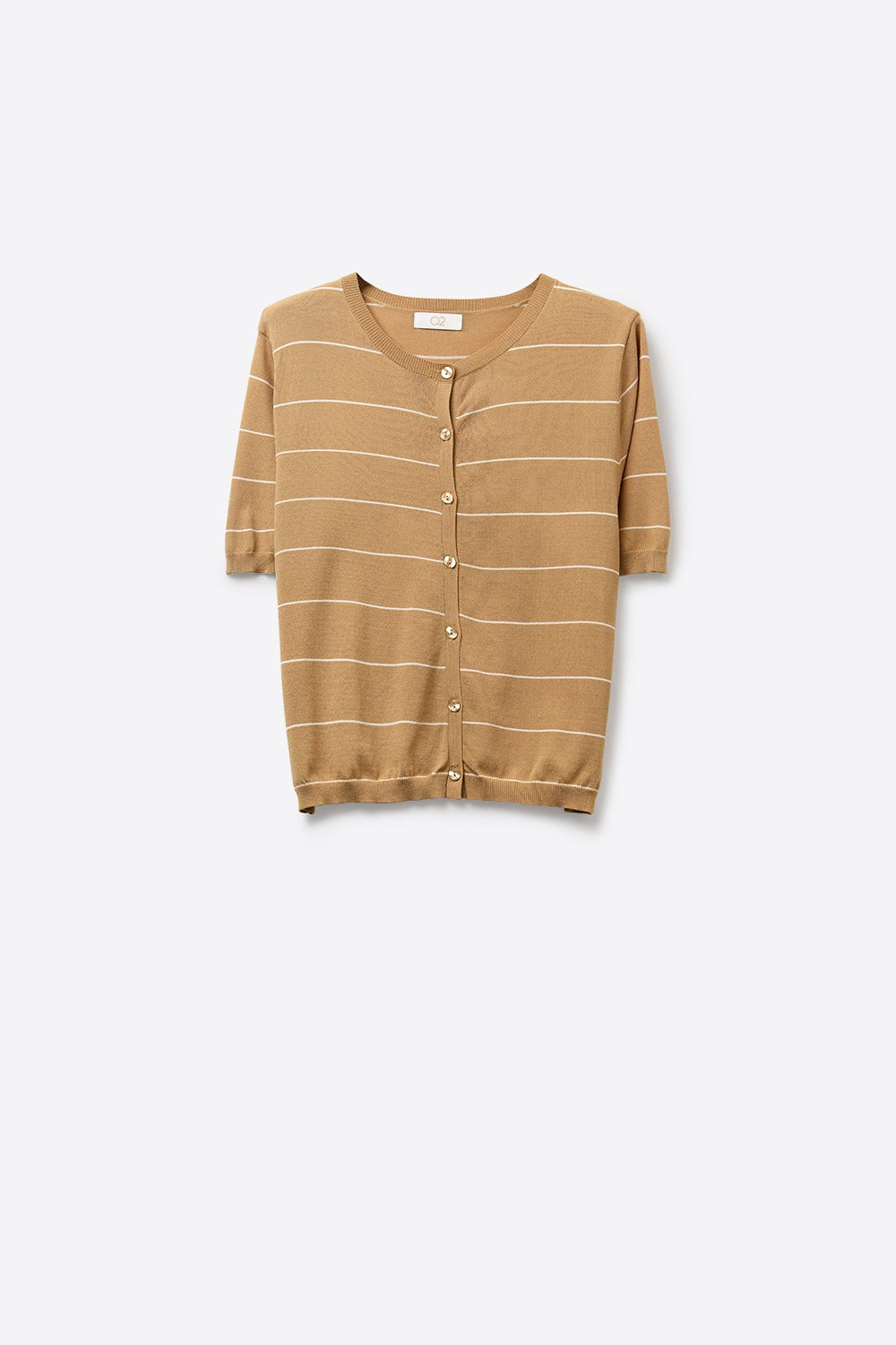 Camel Striped Short Sleeve Button Front Knit Cardigan