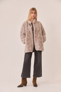 Zinnia Taupe Long Vegan Fur Coat with Baroque Embroidery