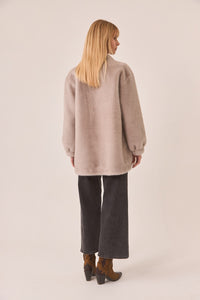 Zinnia Taupe Long Vegan Fur Coat with Baroque Embroidery