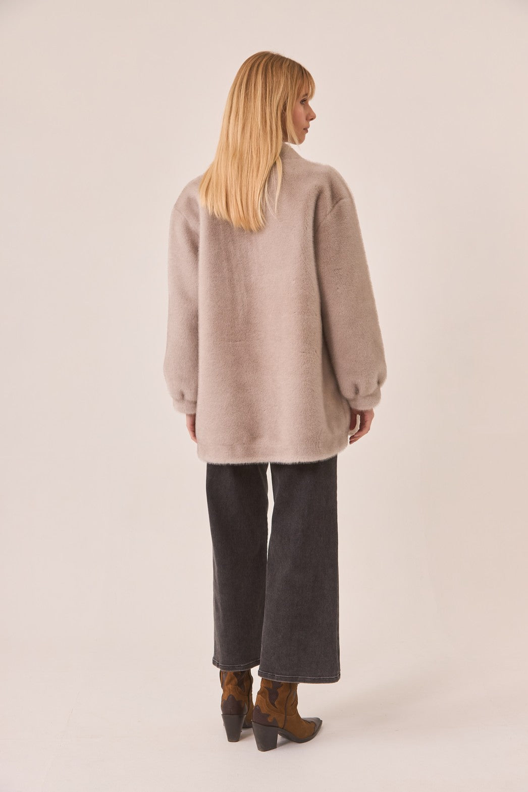 Zinnia Taupe Long Vegan Fur Coat with Baroque Embroidery