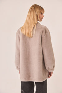 Zinnia Taupe Long Vegan Fur Coat with Baroque Embroidery