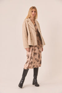 Beige Textured Vegan Fur Double-Breasted Coat