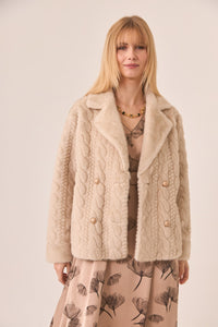 Beige Textured Vegan Fur Double-Breasted Coat