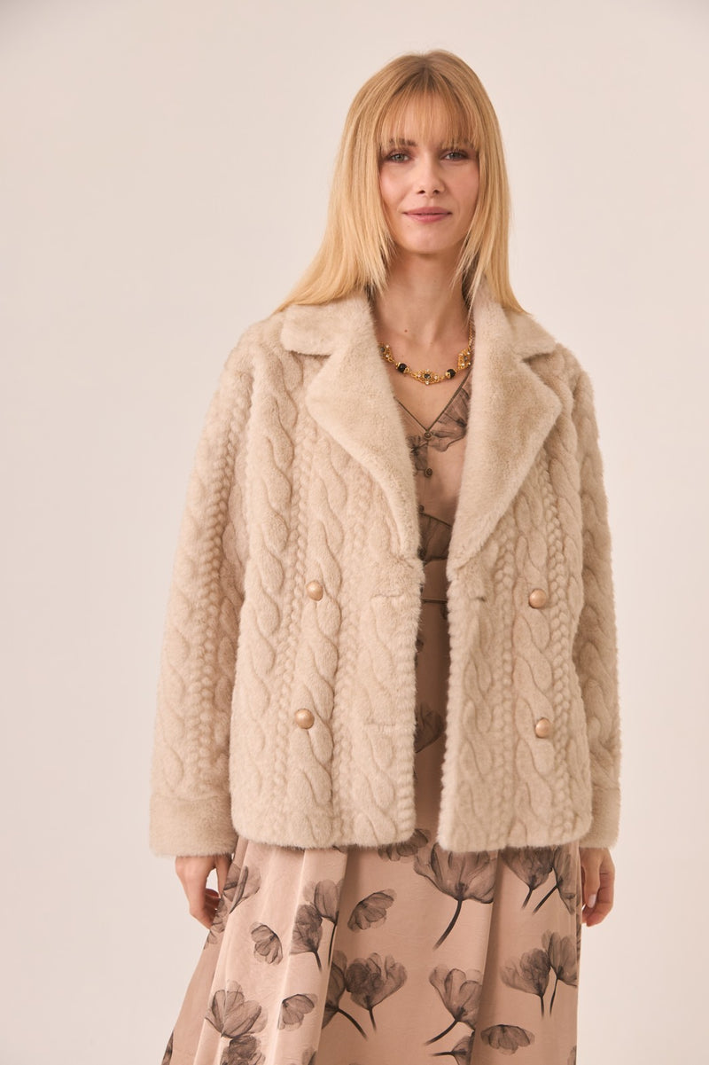 Beige Textured Vegan Fur Double-Breasted Coat