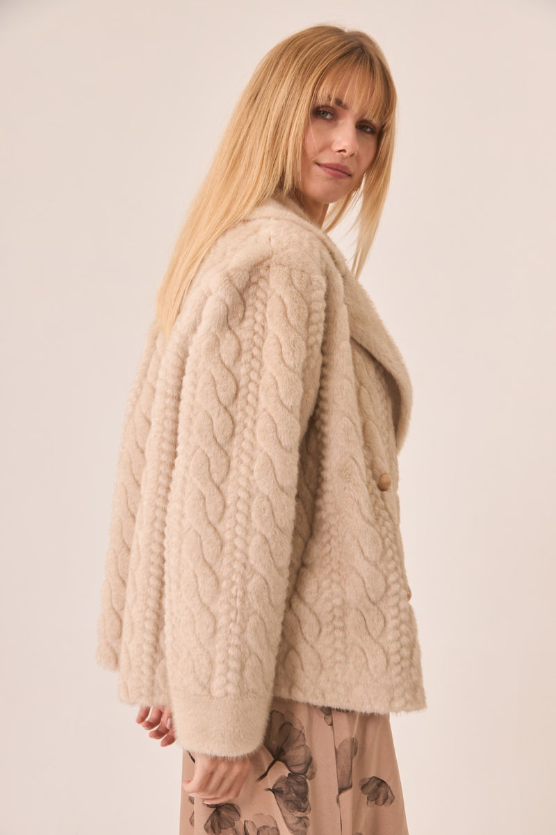 Beige Textured Vegan Fur Double-Breasted Coat