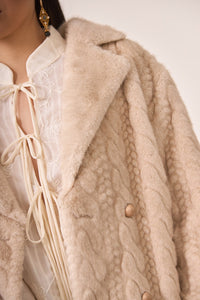 Beige Textured Vegan Fur Double-Breasted Coat