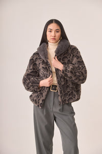 Leopard Print Vegan Fur Hooded Jacket in Charcoal Gray