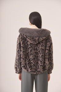Leopard Print Vegan Fur Hooded Jacket in Charcoal Gray