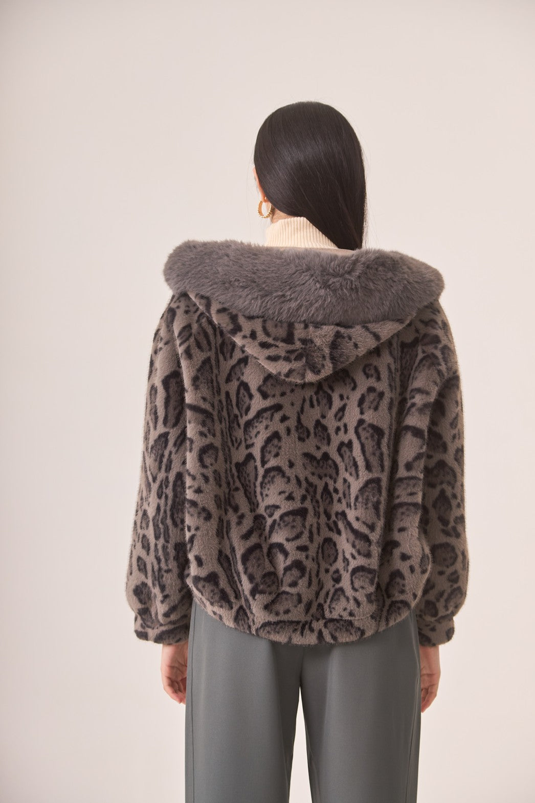 Leopard Print Vegan Fur Hooded Jacket in Charcoal Gray