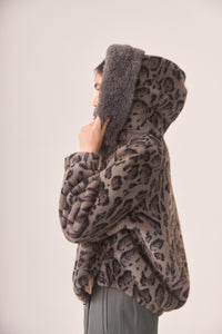 Leopard Print Vegan Fur Hooded Jacket in Charcoal Gray