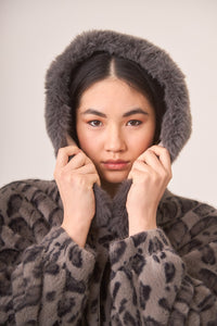 Leopard Print Vegan Fur Hooded Jacket in Charcoal Gray