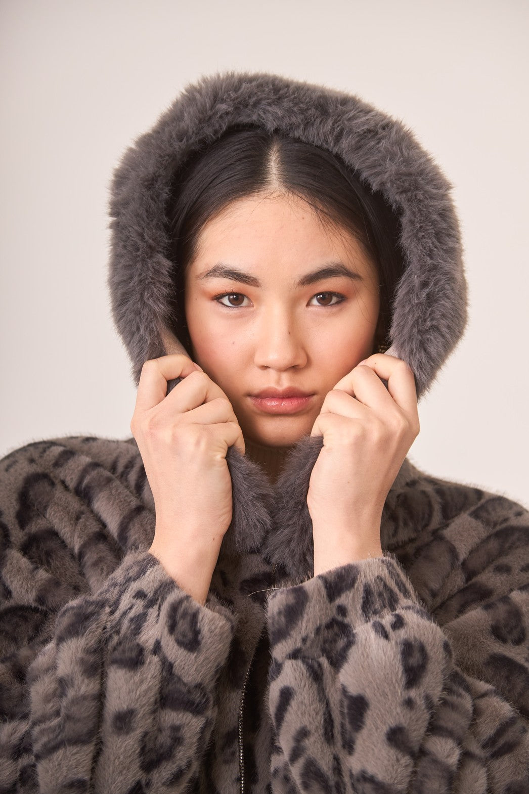 Leopard Print Vegan Fur Hooded Jacket in Charcoal Gray