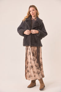 Charcoal Vegan Fur Jacket with Knitted Sleeves