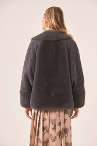 Charcoal Vegan Fur Jacket with Knitted Sleeves