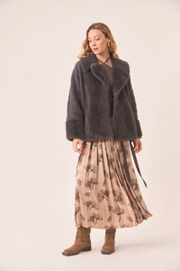 Charcoal Vegan Fur Jacket with Knitted Sleeves