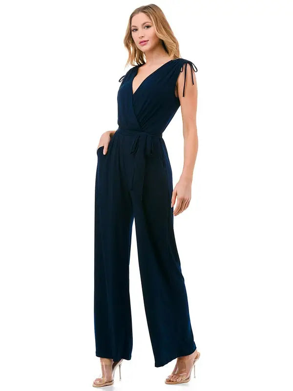 Navy Surplice Front Waist Tie Wide Leg Jumpsuit