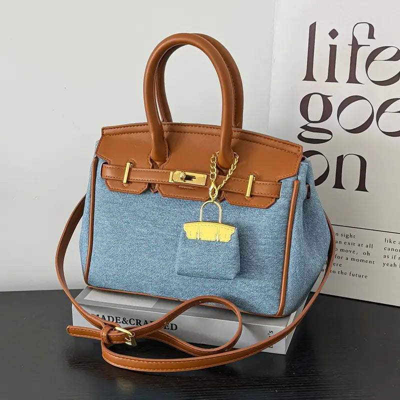 Two-Tone Structured Satchel with Gold Lock Charm and Crossbody Strap