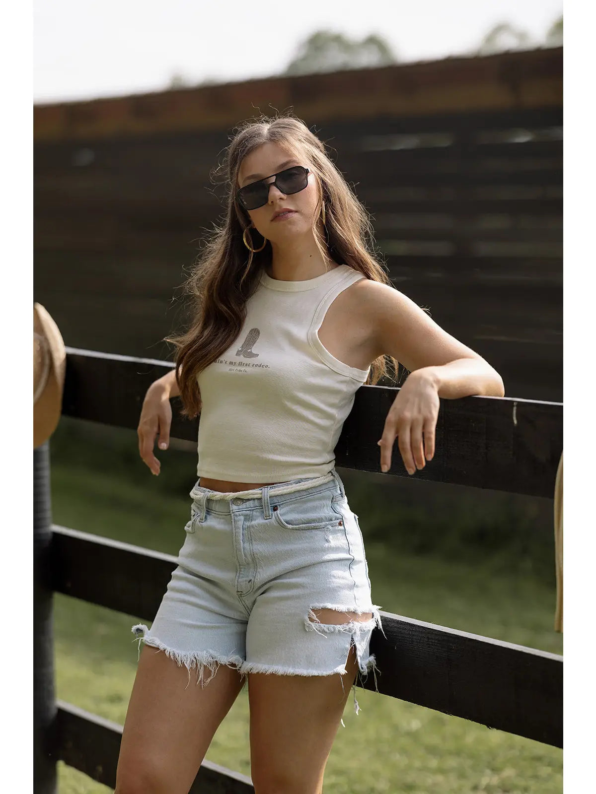 Nude Graphic Cropped Tank Top with Western-Inspired Print